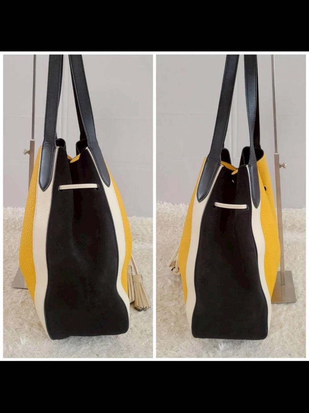 Mulberry Yellow, Black & Cream Pebbled Leather Drawstring Tote with Pouch - Picture 5 of 12